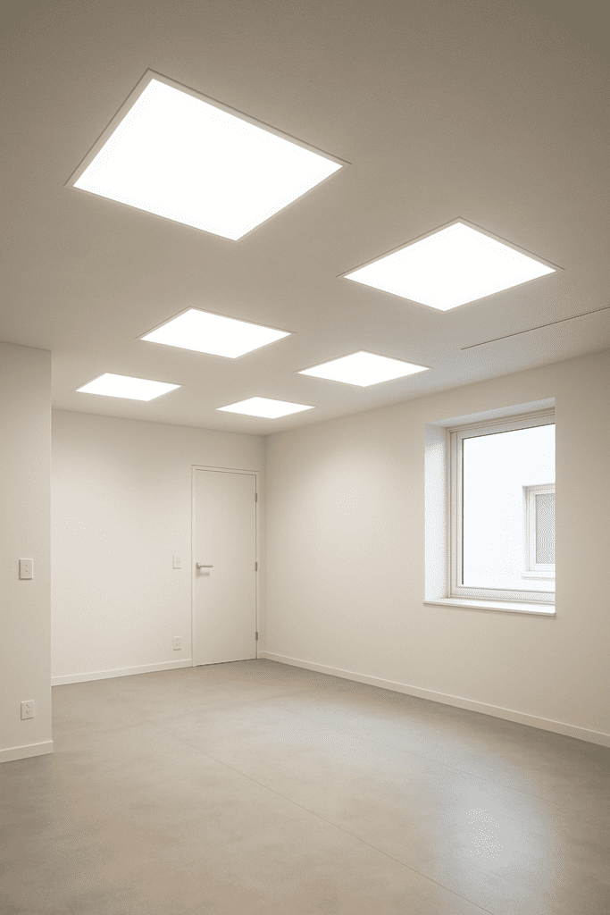 پنل led سقفی A conceptual image showing energy-efficient LED ceiling panels reducing electricity consumption, electric meter showing low usage, glowing eco-friendly symbols, bright clean room lighting, realistic yet symbolic composition, 4K resolution.