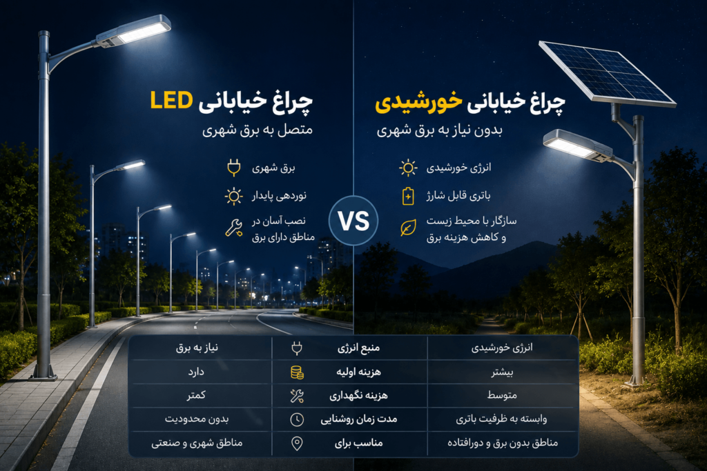 تفاوت چراغ خیابانی LED و چراغ خیابانی خورشیدی