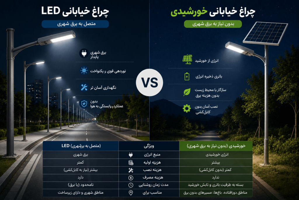 تفاوت چراغ خیابانی LED و چراغ خیابانی خورشیدی
