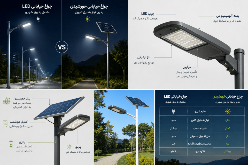 تفاوت چراغ خیابانی LED و چراغ خیابانی خورشیدی